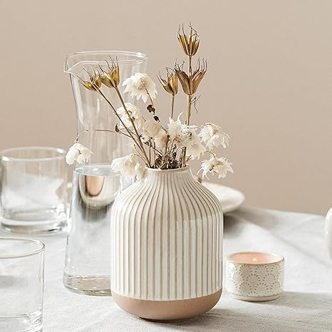 Boho Farmhouse Small Ceramic Vase for Pampas Grass & Flowers 5.3 Inch Rustic White Vase, Centerpiece for Eucalyptus, Tiny Stems & Bouquets with Embossed Lines
