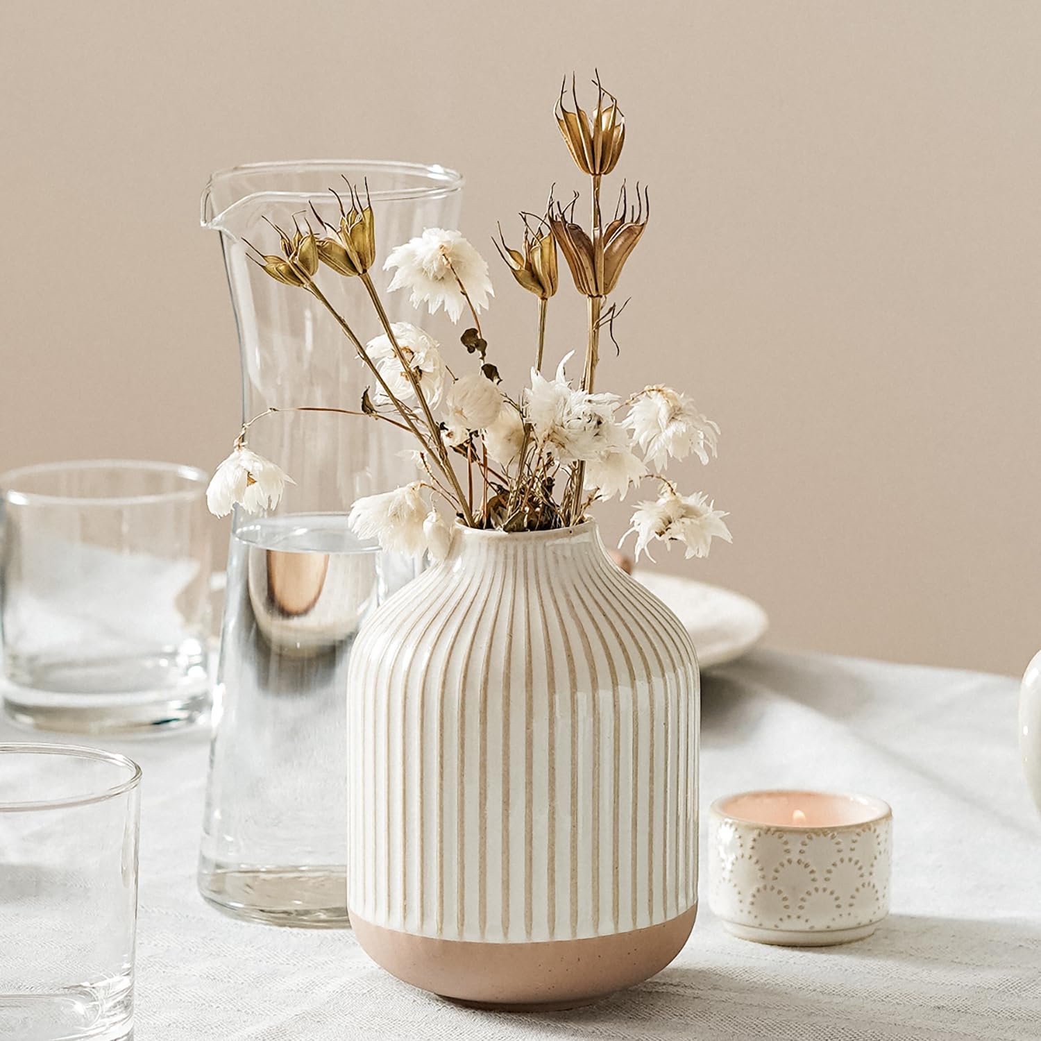 Boho Farmhouse Small Ceramic Vase for Pampas Grass Flowers - 5 3 Inch Rustic White Vase Centerpiece for