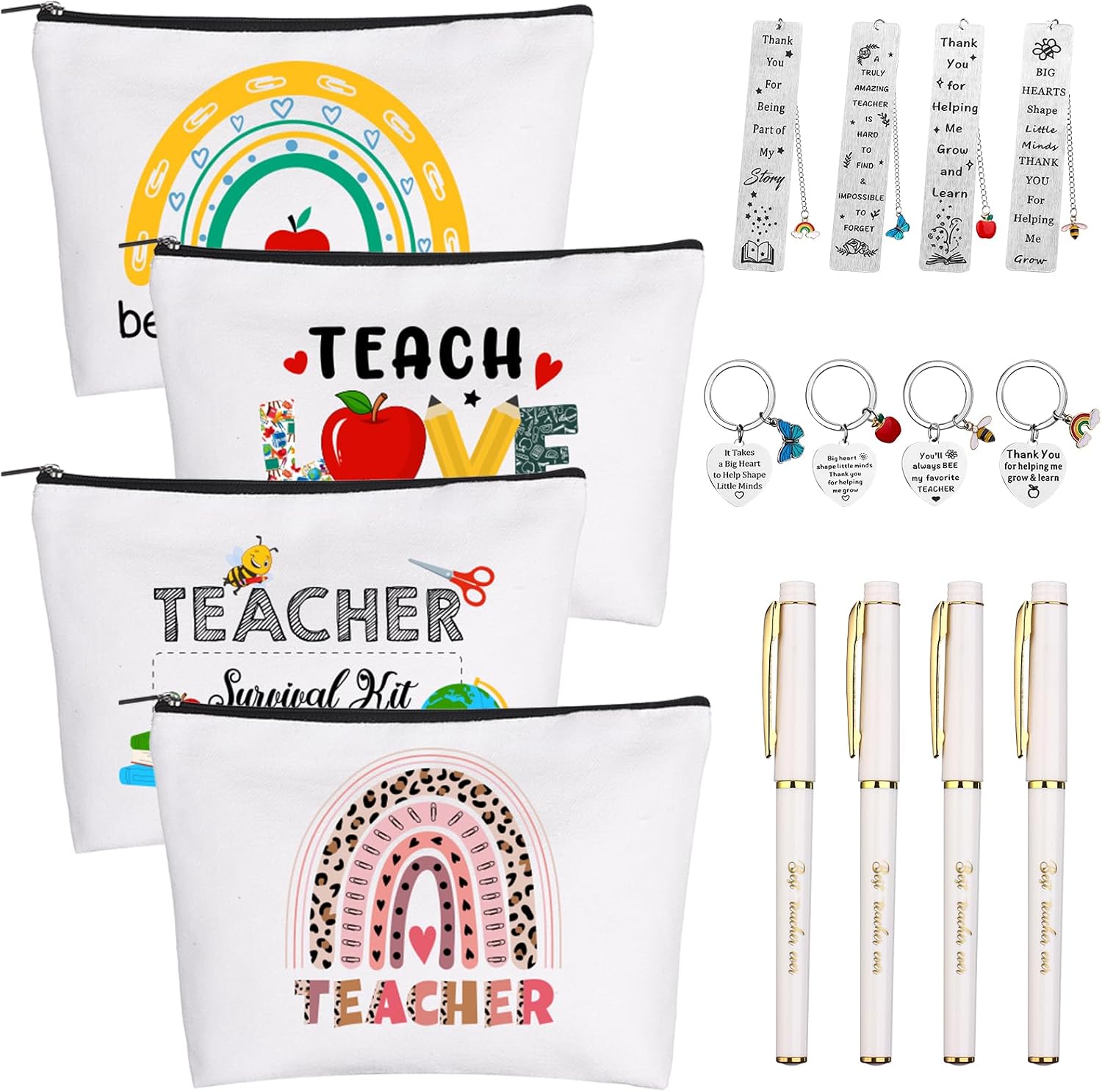 4 Set Thank You Teacher Gifts With Pencil Case with Zipper,Teachers Appreciation Week Keychain,Bookmark Gifts Best Teacher Ever Pen Appreciation Present(Lively Style)