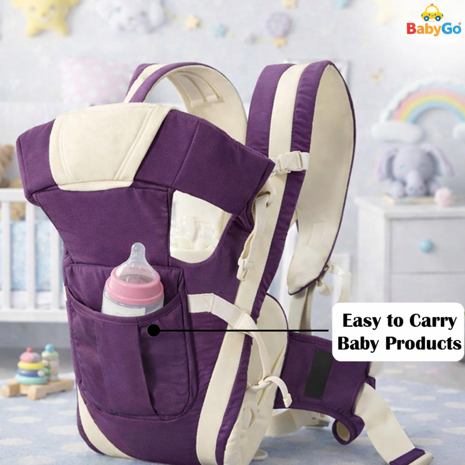 BabyGo Kid Seat Baby Hip Carrier 4-in-1 Adjustable Baby Carrier Cum Kangaroo Bag|Front, Back|for 6 to 24 Months Baby|Newborn to Toddler Carrier|Safety Belt & Buckle Straps|Up to 15 Kgs (Purple) 4