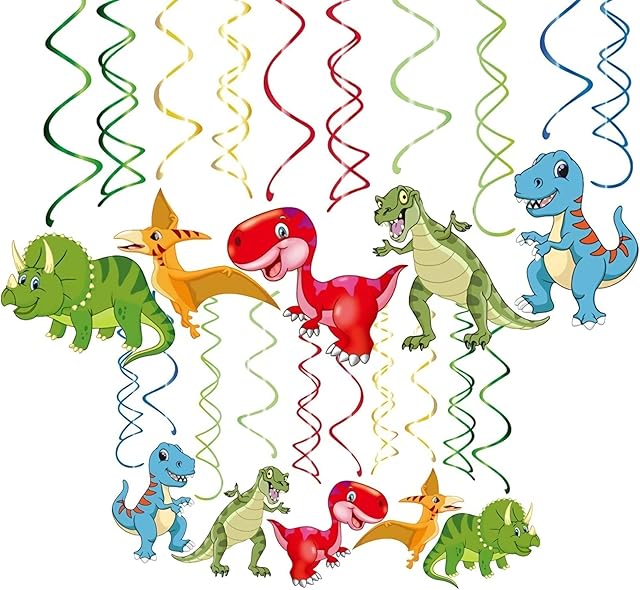 Adisno Dinosaur Hanging Swirl Decorations - 30Pcs Dinosaur Party Hanging Swirl for Kids Birthday Baby Shower Foil Whirls Ceiling Streamers Spirals Dino Theme Party Supplies