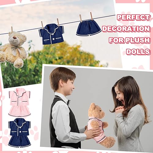 Miniatura 7 de Hungdao 2 juegos de ropa de oso de peluche, accesorios de oso rosa y azul, pijama de doble capa de muselina de manga corta, pijama superior e