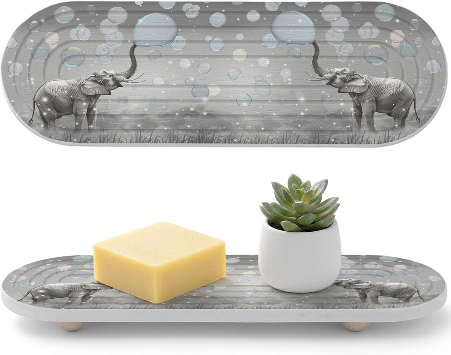 1PCS Water Absorbing Stone Tray for Bathroom Sink Watercolor Elephants Bubbles Diatomite Earth Drying Tray Sponge Holder,Vintage Funny Animal Kitchen Counter Faucet Organizer Caddy,12"x4"