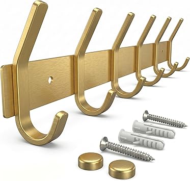 Brushed Gold Wall Mounted Coat Rack 17 Inch Stainless Steel Rail with 6 Double Coat Hooks for Entryway, Bathroom, Bedroom, Kitchen Modern Gold Hook Rack for Coats, Hats, Towels
