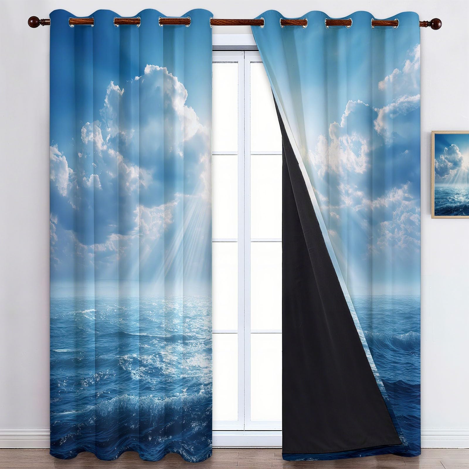 Rideaux Occultants Bleu Lot de 2 117L x 229H cm Rideaux Occultants Ciel Bleu Nuages Blancs Mer Vagues avec Isolation Thermique, Rideau en Polyester Insonorisant pour Décoration Salon Chambre