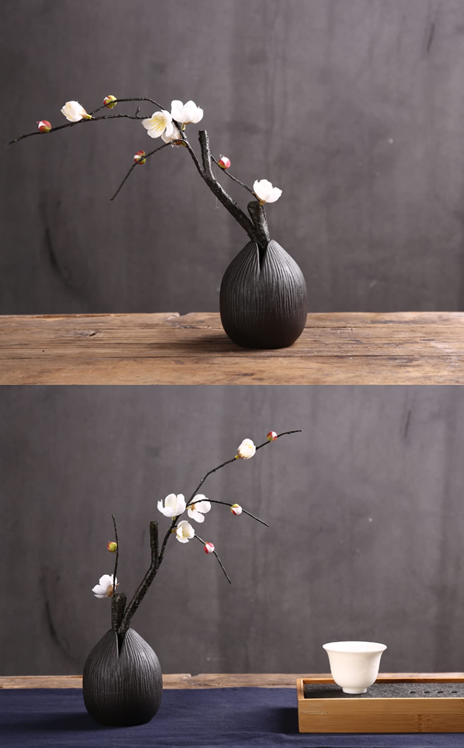 Vase Céramique Noir Rétro - Petit Modèle Rond Décoratif Pour Fleurs Séchées - Déco De Table Zen Et élégante