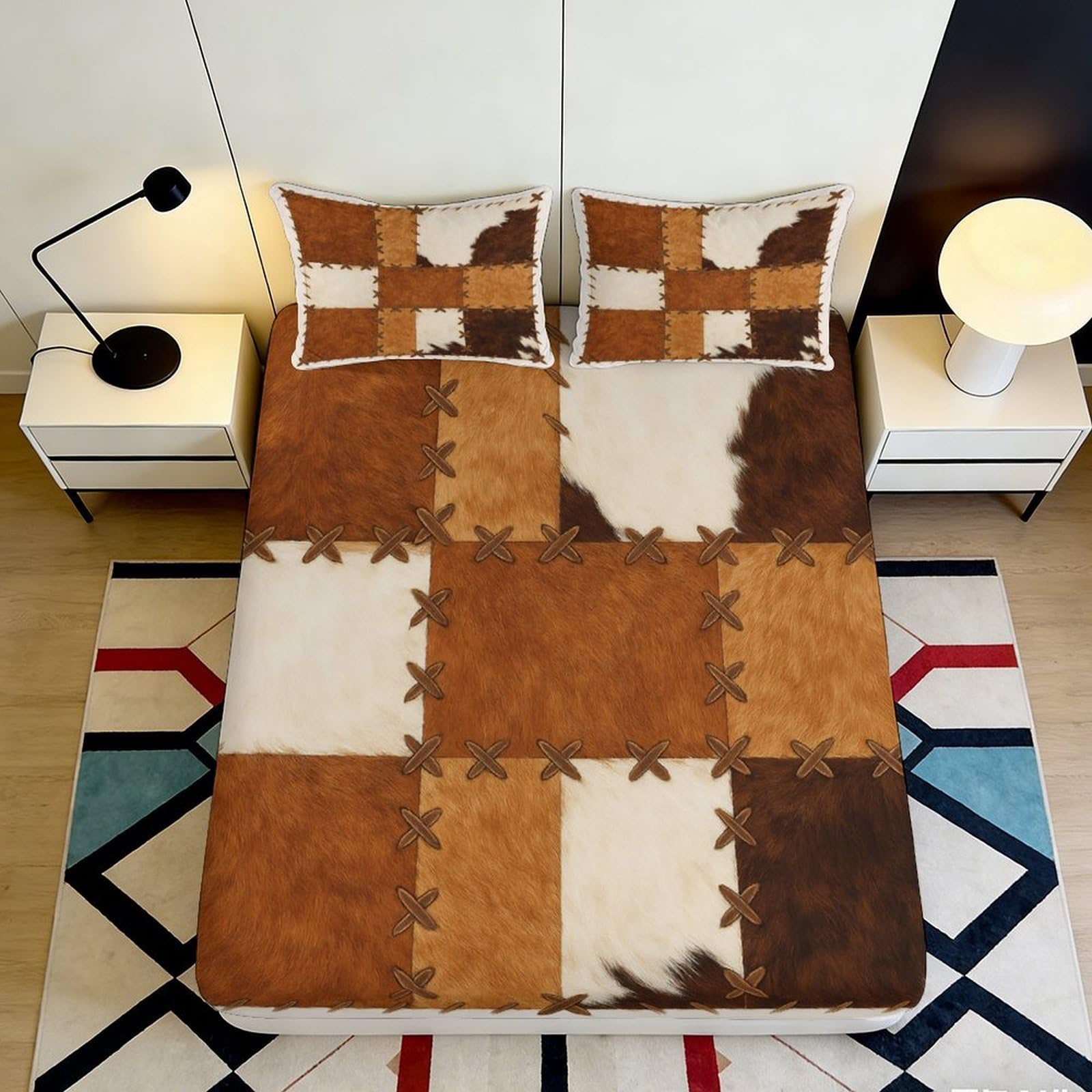 3D Printed Patchwork Brown Fitted Sheet Microfiber Soft Durable 3D Printed Cowhide Pattern Mattress Cover for Bedroom Dormitory Guest Room Use 120x200x25cm