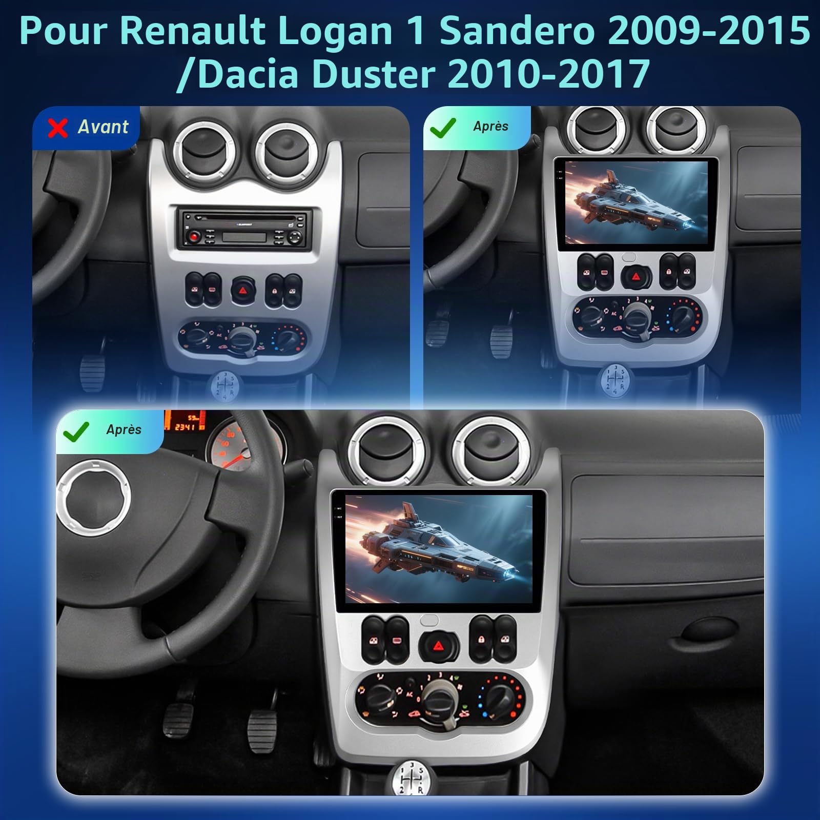 4G+64G Autoradio pour Renault Logan 1 Sandero 2009-2015/Dacia Duster 2010-2017 avec sans Fil Carplay et Android Auto, Radio à Écran Tactile 9 Pouces avec WiFi/GPS/Bluetooth 5.0/EQ/FM RDS Radio