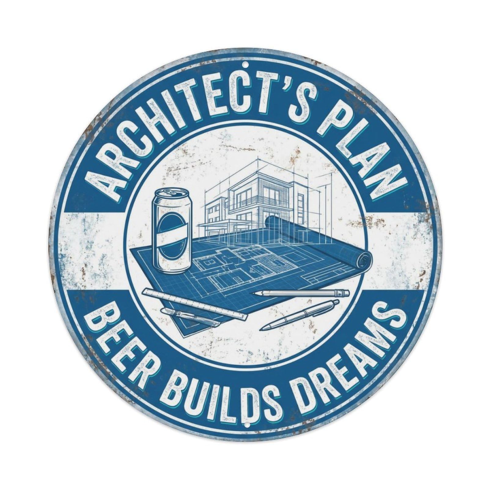 Architect Blueprint Garage Beer Metal Tin Sign Plaque Wall Decor for Cafe, Club Bar, Office, Home Garden Round Metal Poster 8x8Inch