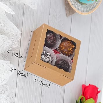 50 Pack Cookie Boxes with Window 4x4x2 Inch,Bakery Boxes, Chocolates Strawberries,Treat Boxes, Mini Cake Boxes, Pastry Dessert Boxes for Candy, Cupcakes- Brown Paper