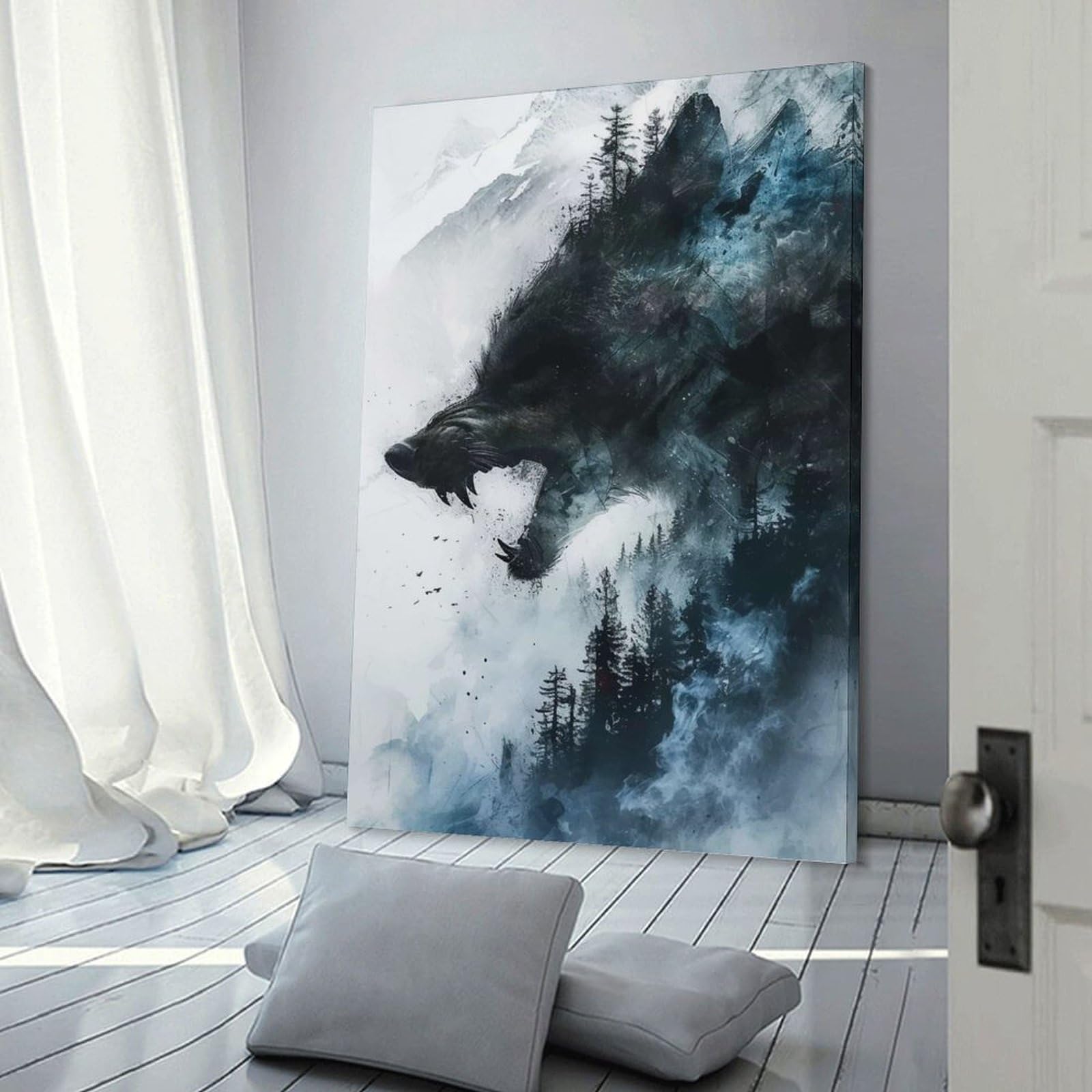Junmoney Frame-Style-42 Black Wolf Wall Picture Print 20X30inch(50X75cm), For Entryway, Lounge Links Or Small Walls, Decorative Wall Art For Narrow Spaces