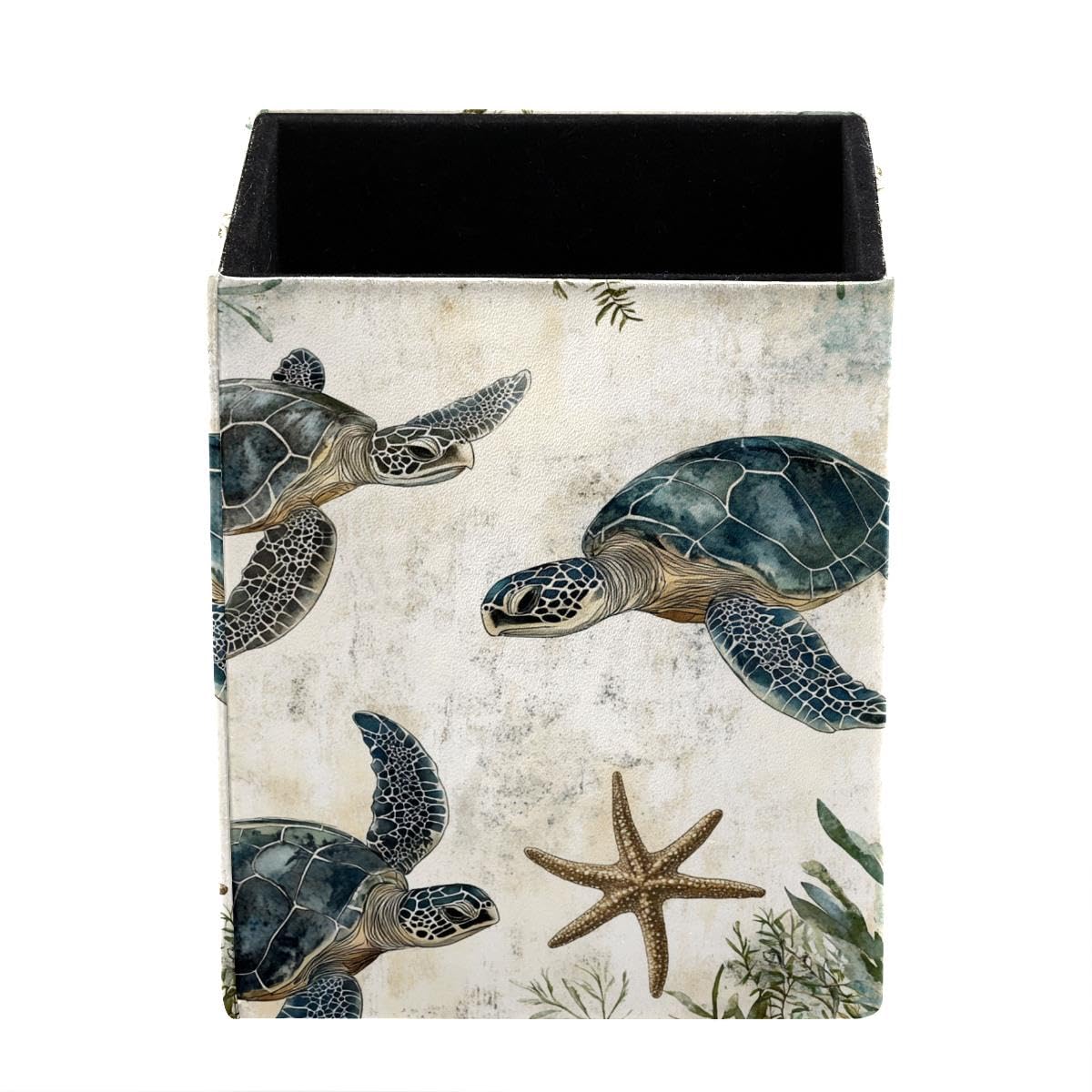 HEOEH Ocean Turtles Vintage Pen Holder Pen Pot, Square Pencil Cup for Desk
