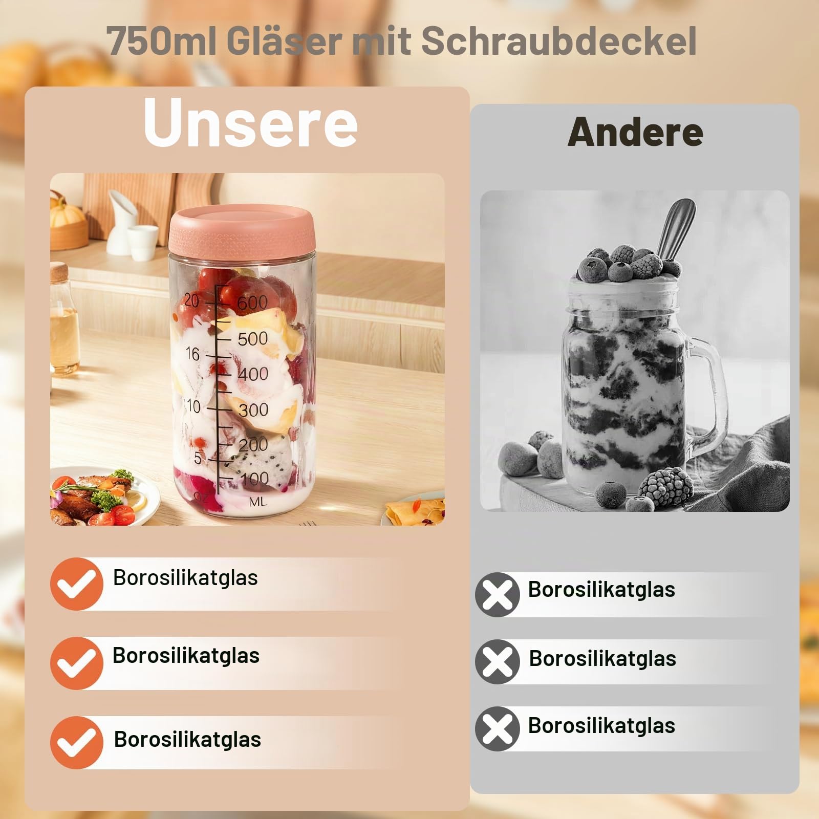 4 Stück Meal Prep Gläser 750ml, Overnight Oats Gläser, Messmarkierungen, Borosilikatglas Einmachgläser mit Schraubverschluss & Luftdichtung, Stapelbare Vorratsgläser für Salat,Joghurt,Pudding