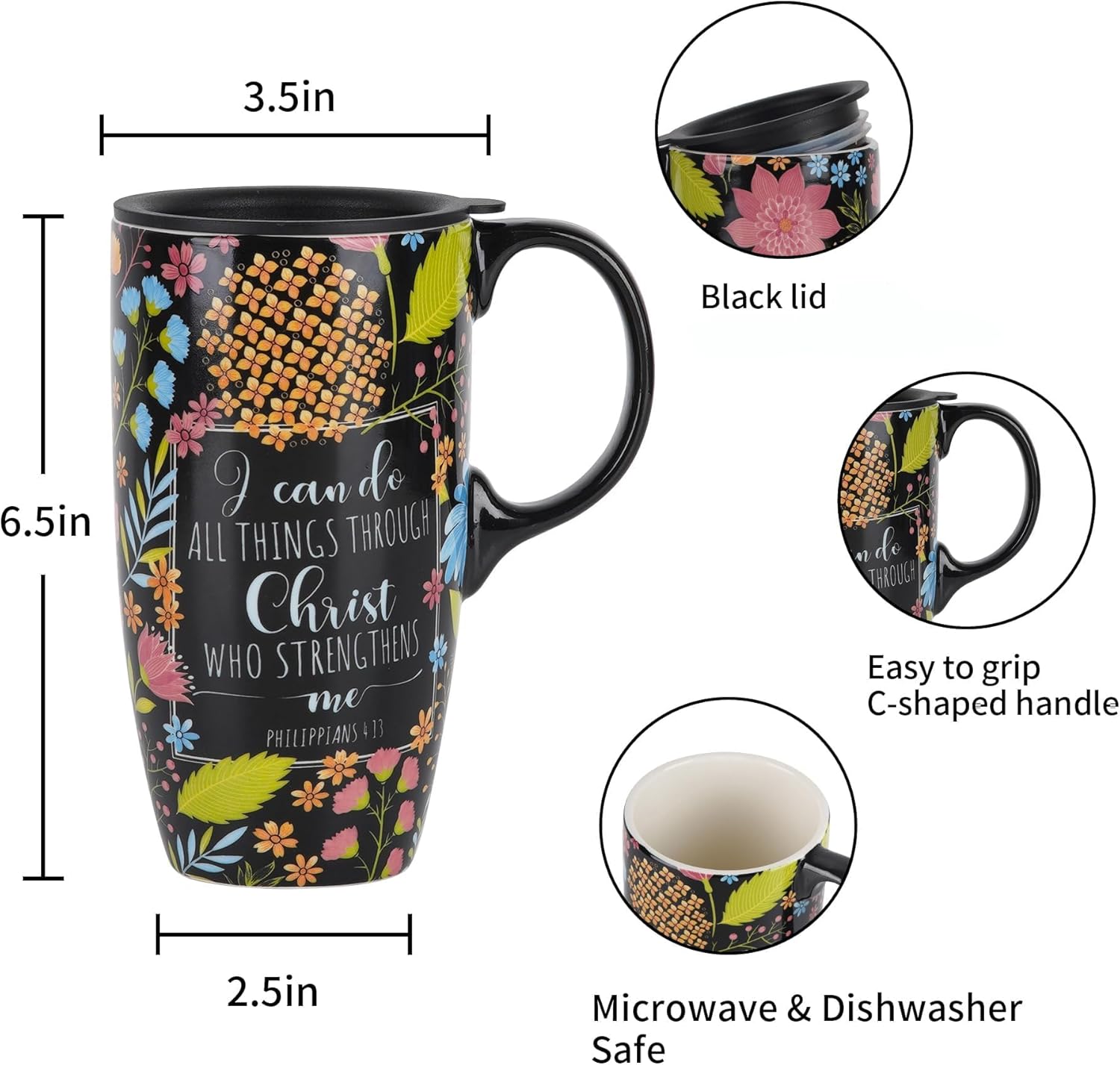 Topadorn Ceramic Travel Mug with Lid and Handle for Coffee Lovers, Ceramic Coffee Mug Latte Teacup Milk Mug in Color Box 17 Oz, Black Art Tea Mug - Image 8