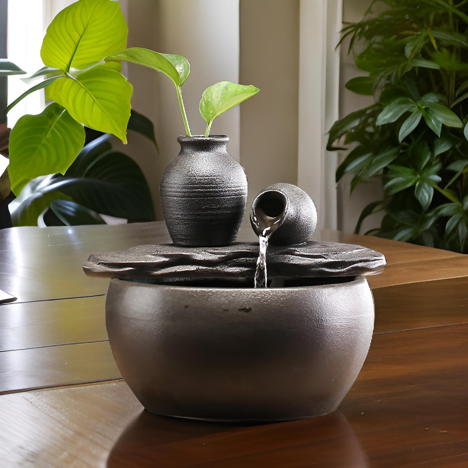 Fuente de mesa con acuario decorativo, fuente de agua con cascada, de cerámica, diseño de pez, con acuario decorativo, bomba de agua, Zen, decoración para salón, oficina, jardín, 21 x 18 x 19 cm