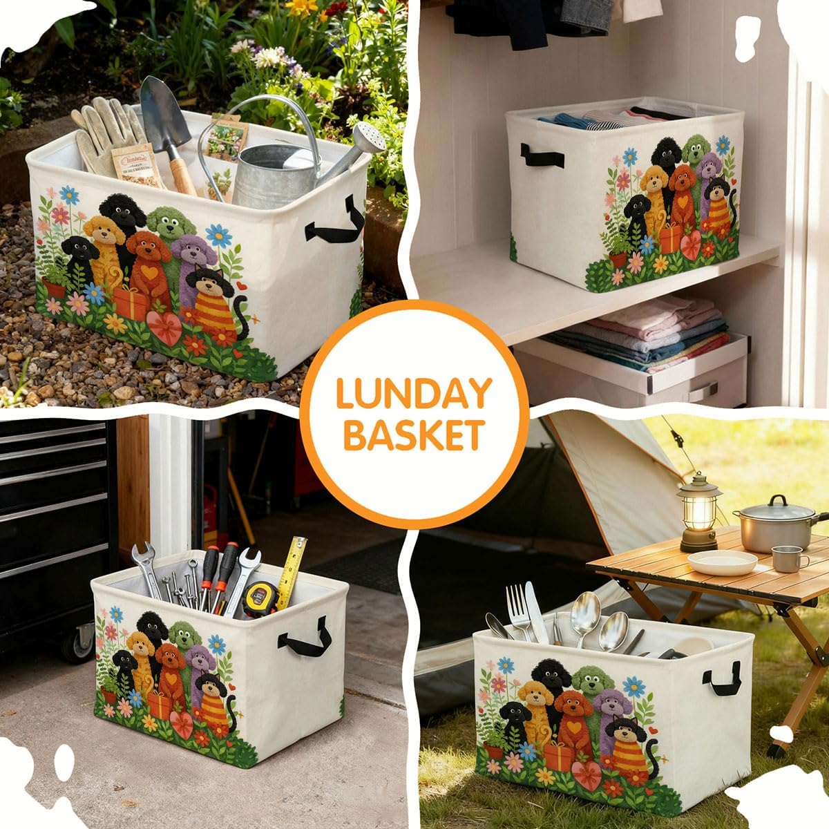 Cute Dogs Laundry Hamper with Handles,Large 56L Foldable Square Clothes Basket Multi‑Use Blanket Storage Bins for Organizing Books,Toys,Gifts,Room Decoration,Laundry Room,Dorm Nursery