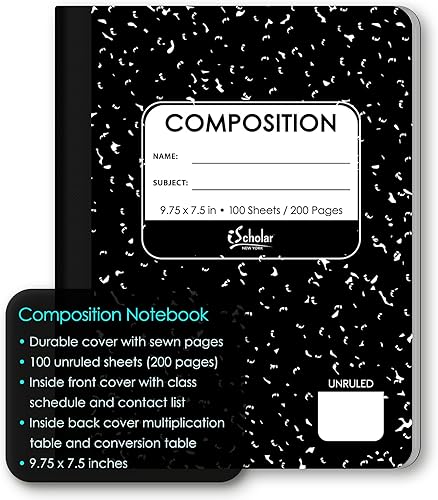 Miniatura 4 de iScholar Libro de composición, 100 hojas, sin rayas, 100 hojas, 9.75 x 7.5 pulgadas, cubierta de mármol negro (13100)