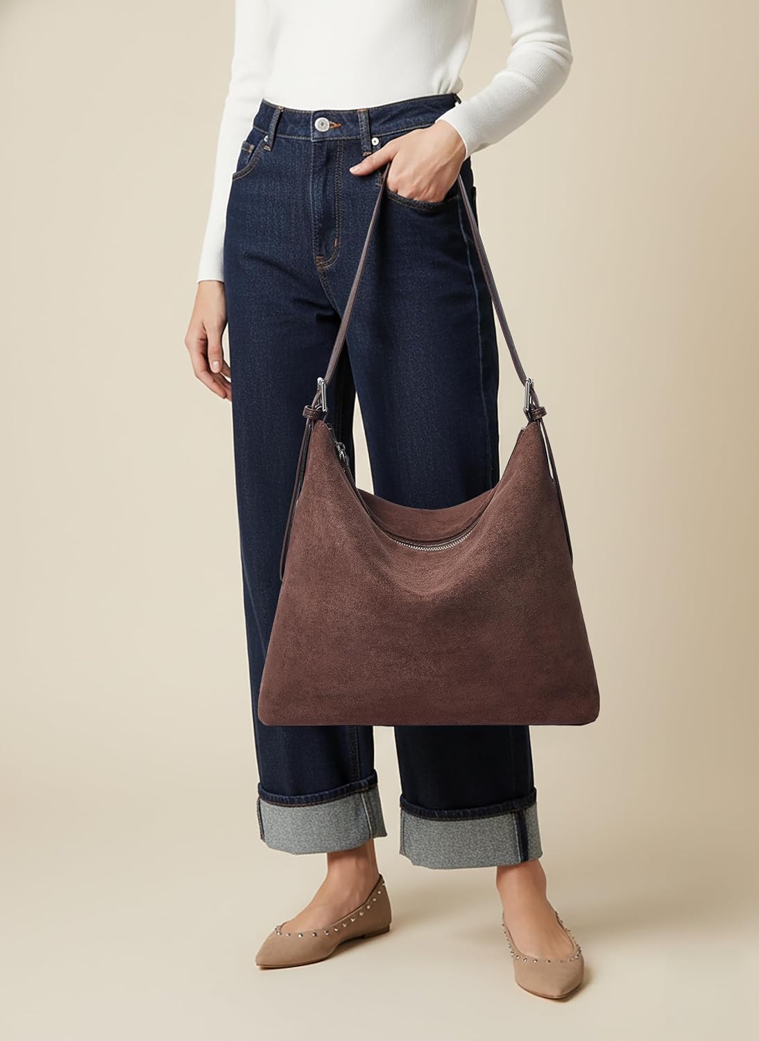 Suede Shoulder Bag for Women, Slouchy Hobo Tote Purse with Adjustable Strap, Faux Suede Brown Handbag for Office Work Travel - Image 2