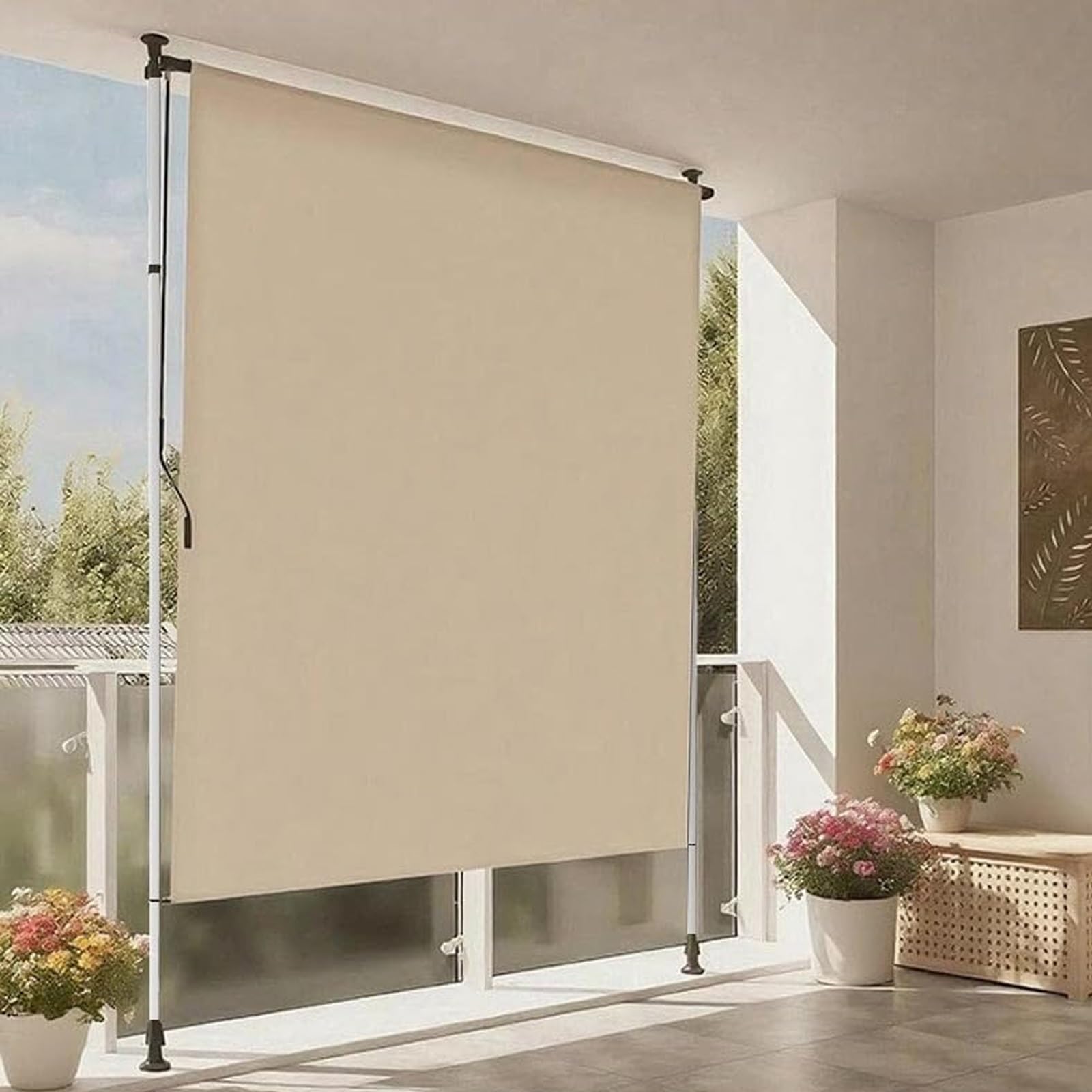 Tende da Sole A Rullo Retrattili per Esterni per Patio Impermeabili Verticali Avvolgibili Manualmente Protezione della Privacy(Beige+White,150cm(59in))