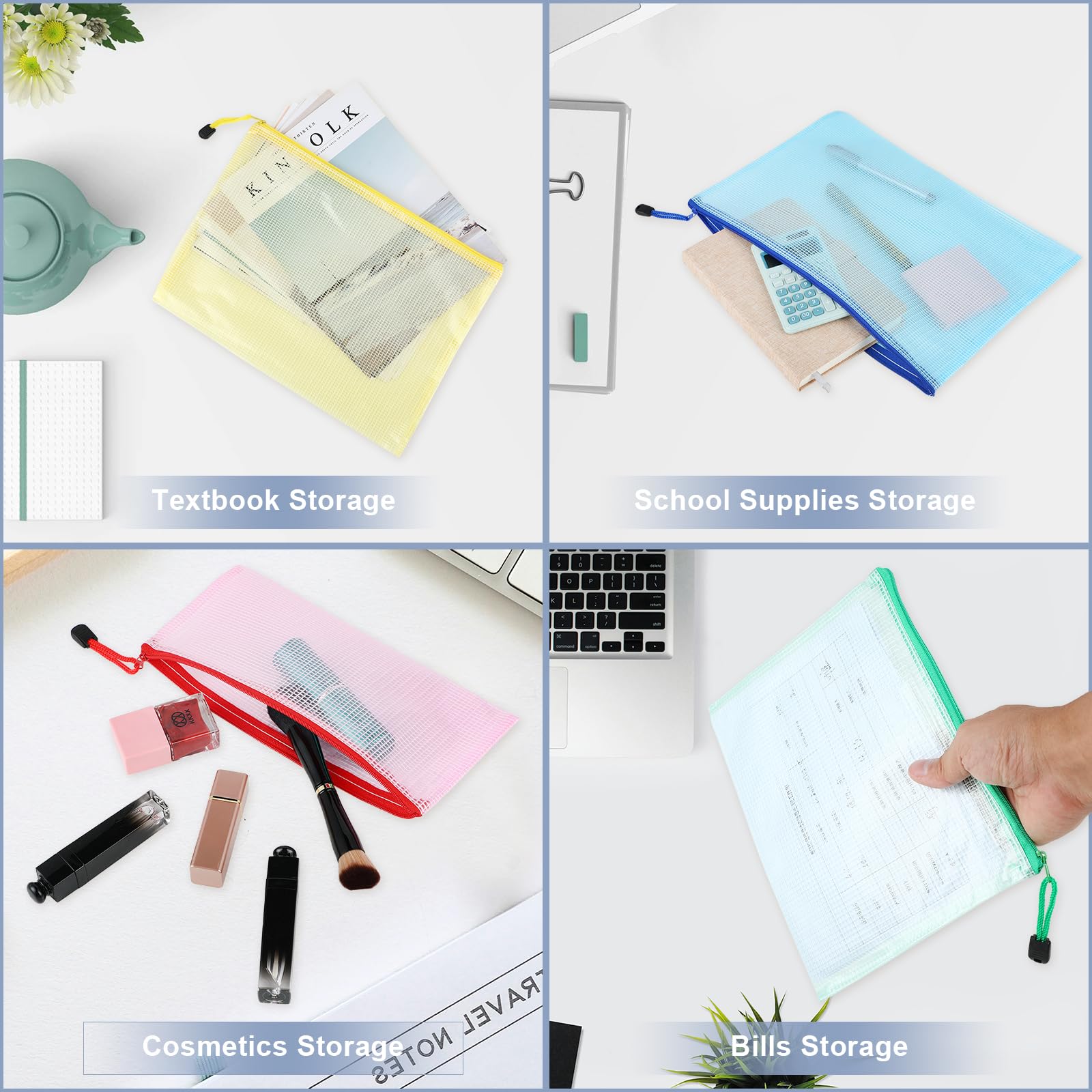 Pochette Document A4+A5+A6, 15 Pièces (5 de Chaque Taille), Document Dossier Pochette, Pochette Plastique Zippée pour Documents, Papier, Cosmétiques, pour l'École, le Bureau et les Devoirs
