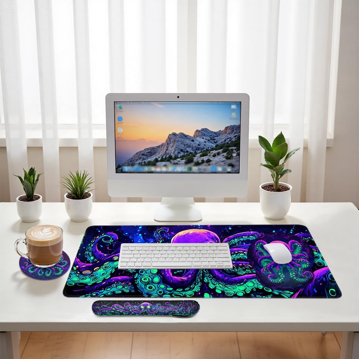 Octopus Mouse Pad Set Cool Neon Purple Green Cthulhu Monster Gaming Mousepad 4in1 Desk Mat for Desktop Wrist Support Cup Coaster Set Ergonomic Computer Desk Arm Wrist for Decor Home Office