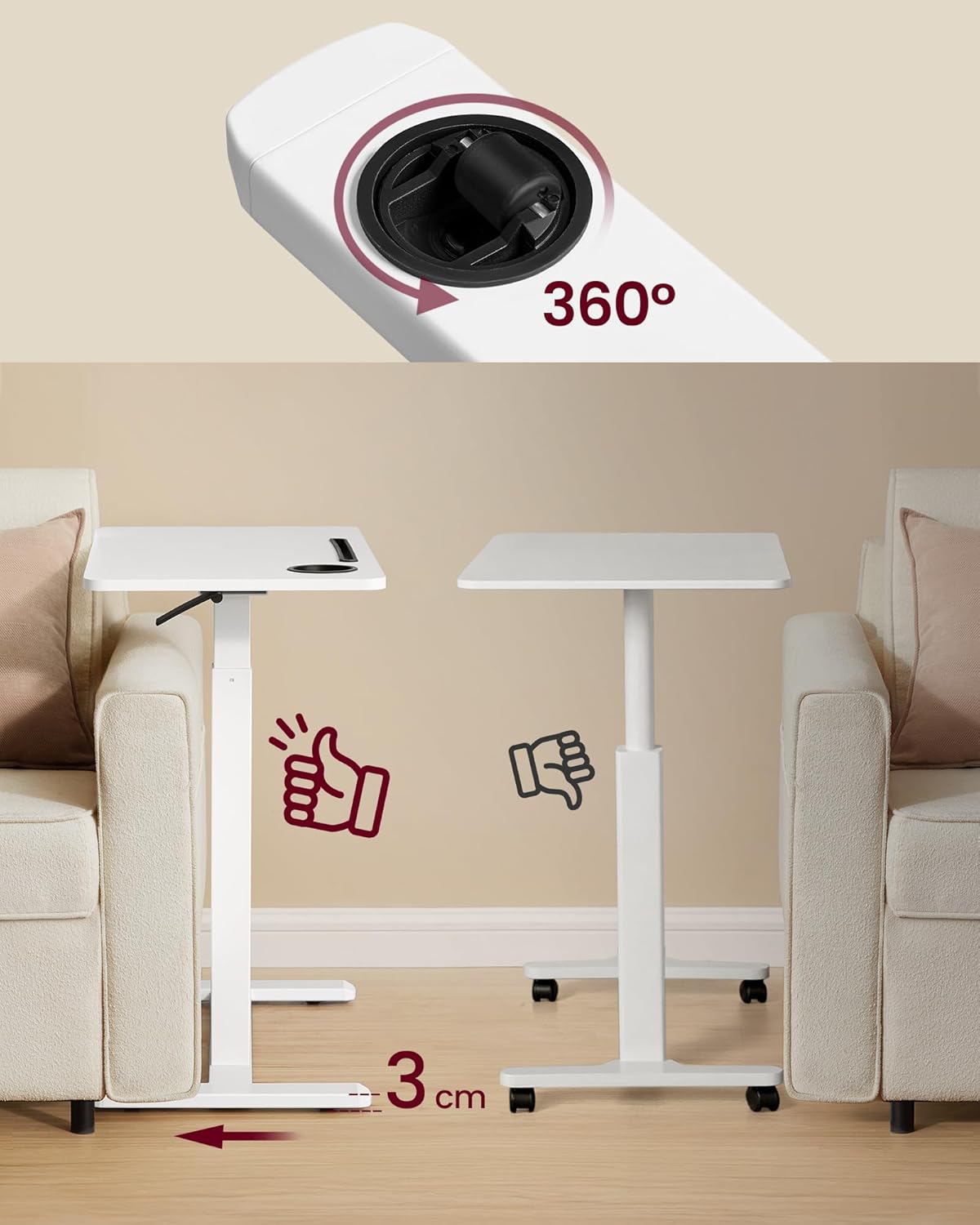 Two people using the adjustable side table at different heights, one sitting and one standing.