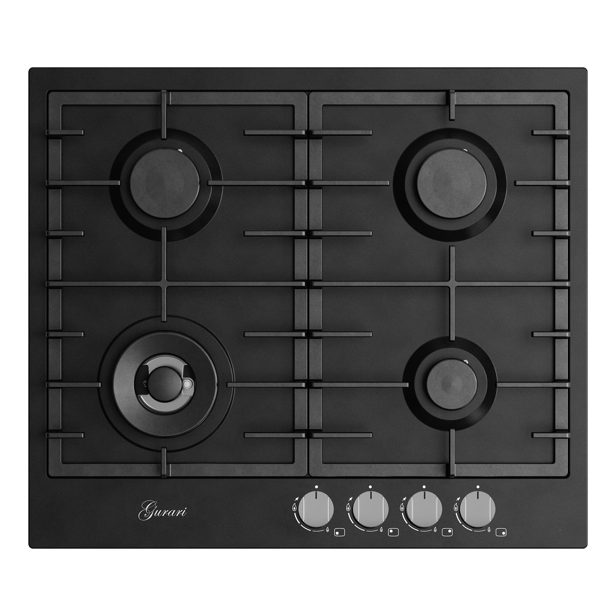 Gurari Gaskochfeld 60 cm GCH FB 604 BL • Autarkes Gas Kochfeld Schwarz • 4 Gasbrenner mit 4,0 kW WOK Brenner • Gusseisen Topfträger • Einbau Gaskochfeld • Erdgas & Propangas