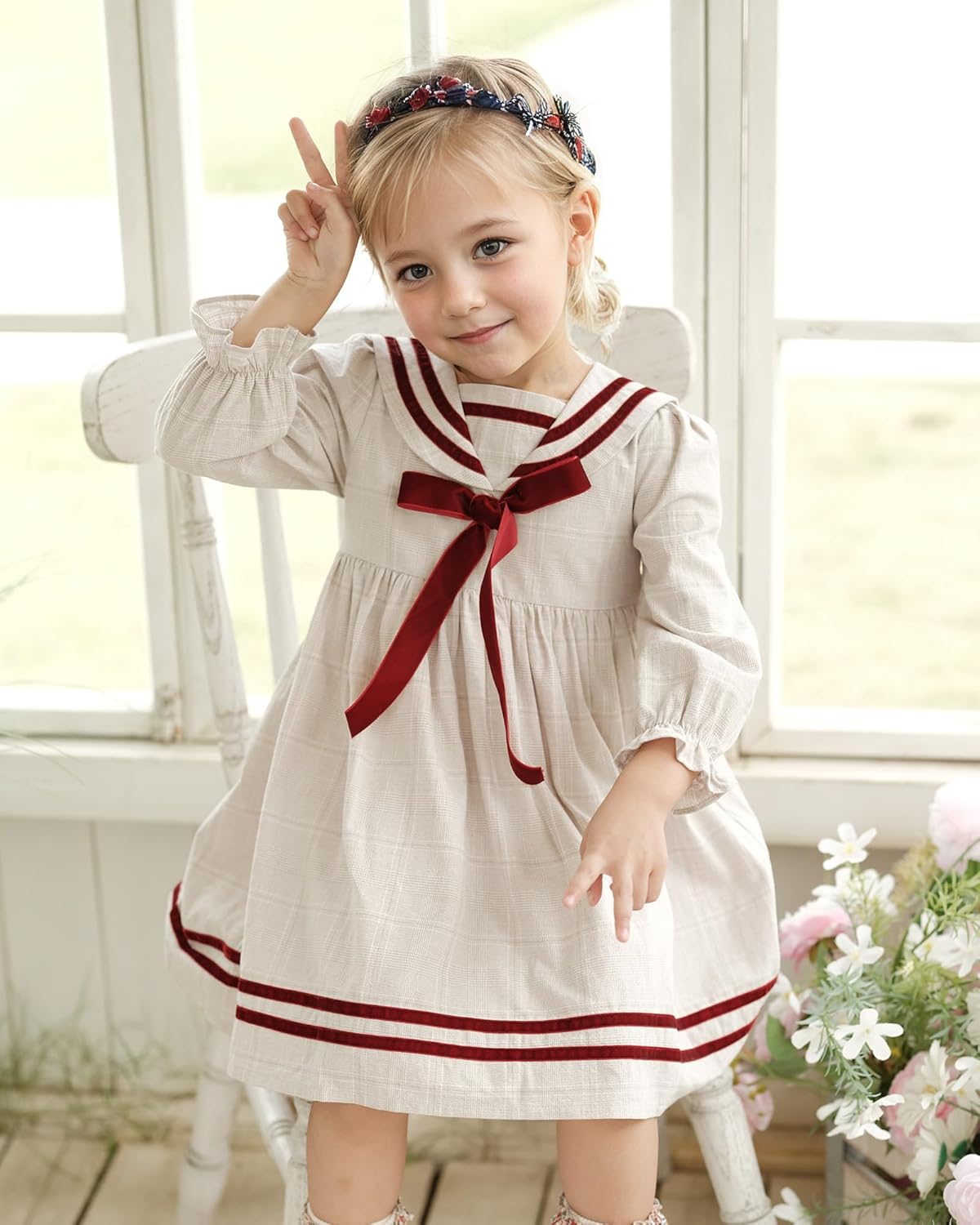Twoflower Kids Vintage Sailor Collar Dresses | Toddler Baby Girls Preppy Clothes Casual Ruffle Long Sleeve Fall Dress - Image 2