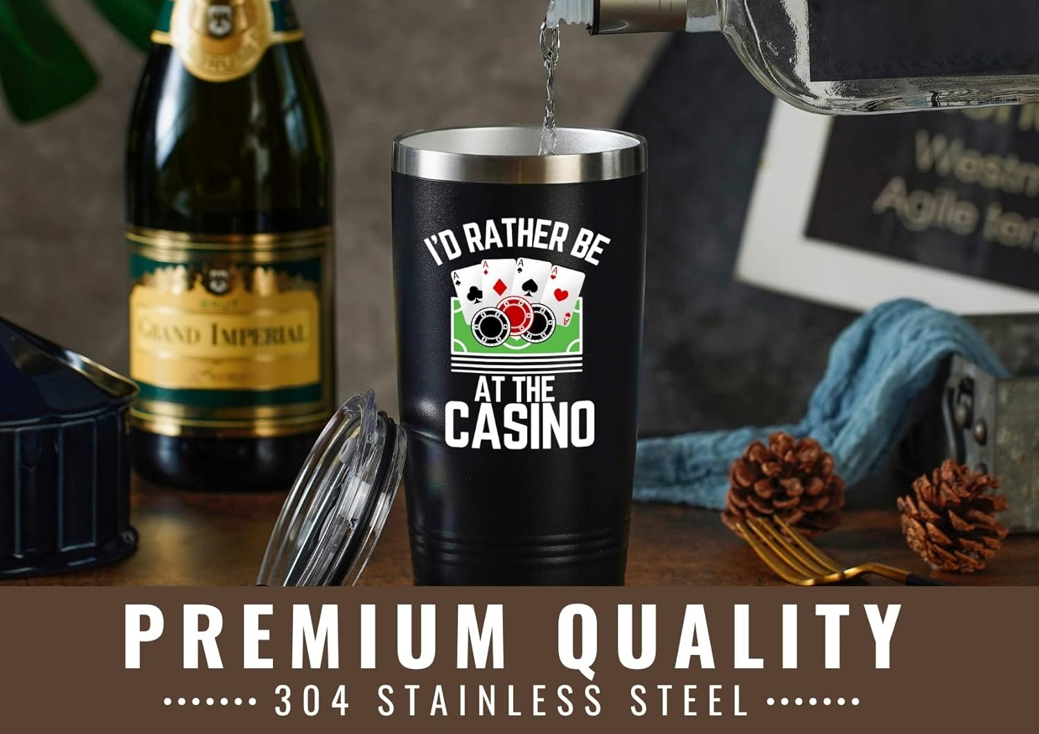 Onebttl Gambling Gifts, Casino Gifts for Men & Women for Christmas, Birthday, 20 Oz Stainless Steel Tumbler with Straw & Lid, Black - I'd Rather Be at the Casino - Image 3