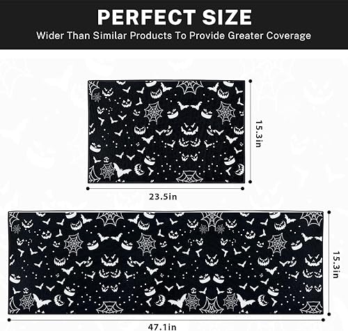 Miniatura 3 de Arttown Juego de 2 alfombras y tapetes de cocina de Halloween, antideslizantes, lavables, tela de araña de terror, murciélagos, tapetes de cocina
