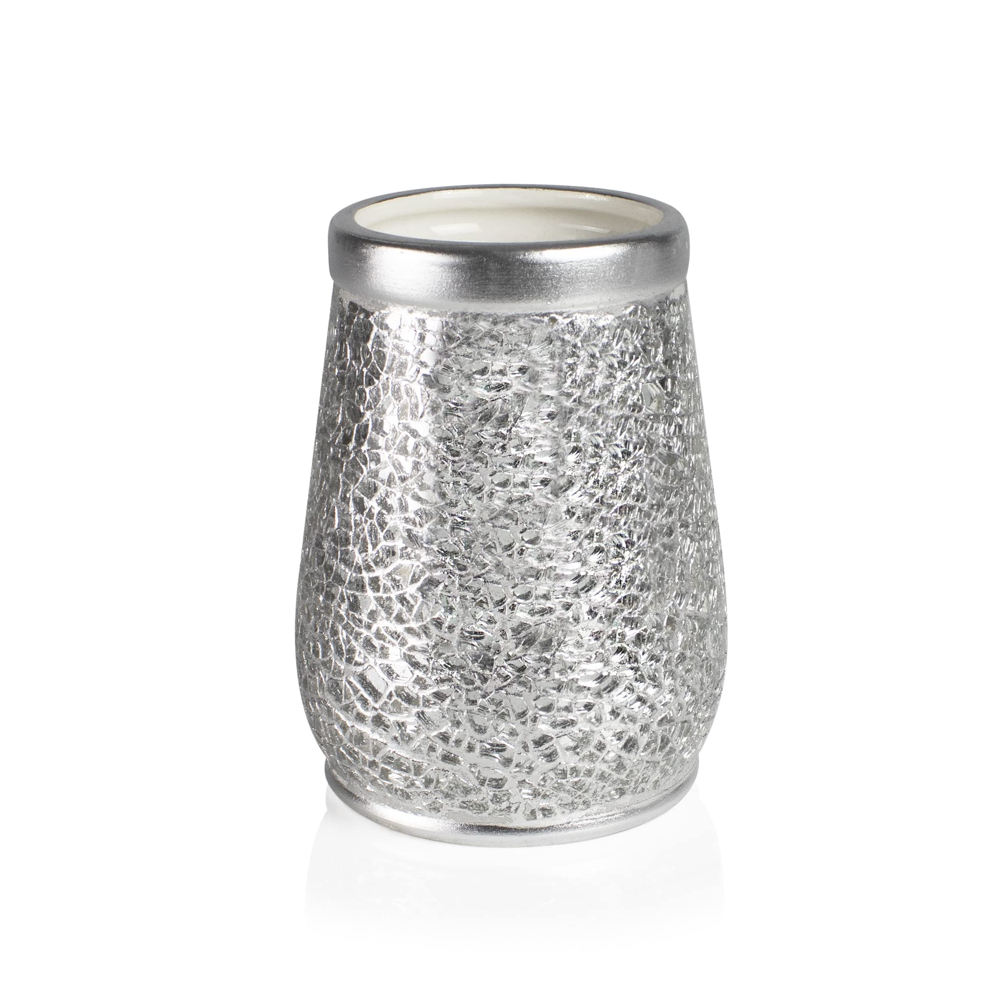 Vaso Cepillo Dientes baño | Serie Trencadis Plata | Resina y Cristal | Color Plata | para baño o Cocina | 8 cm ∅ x 12 cm Alto