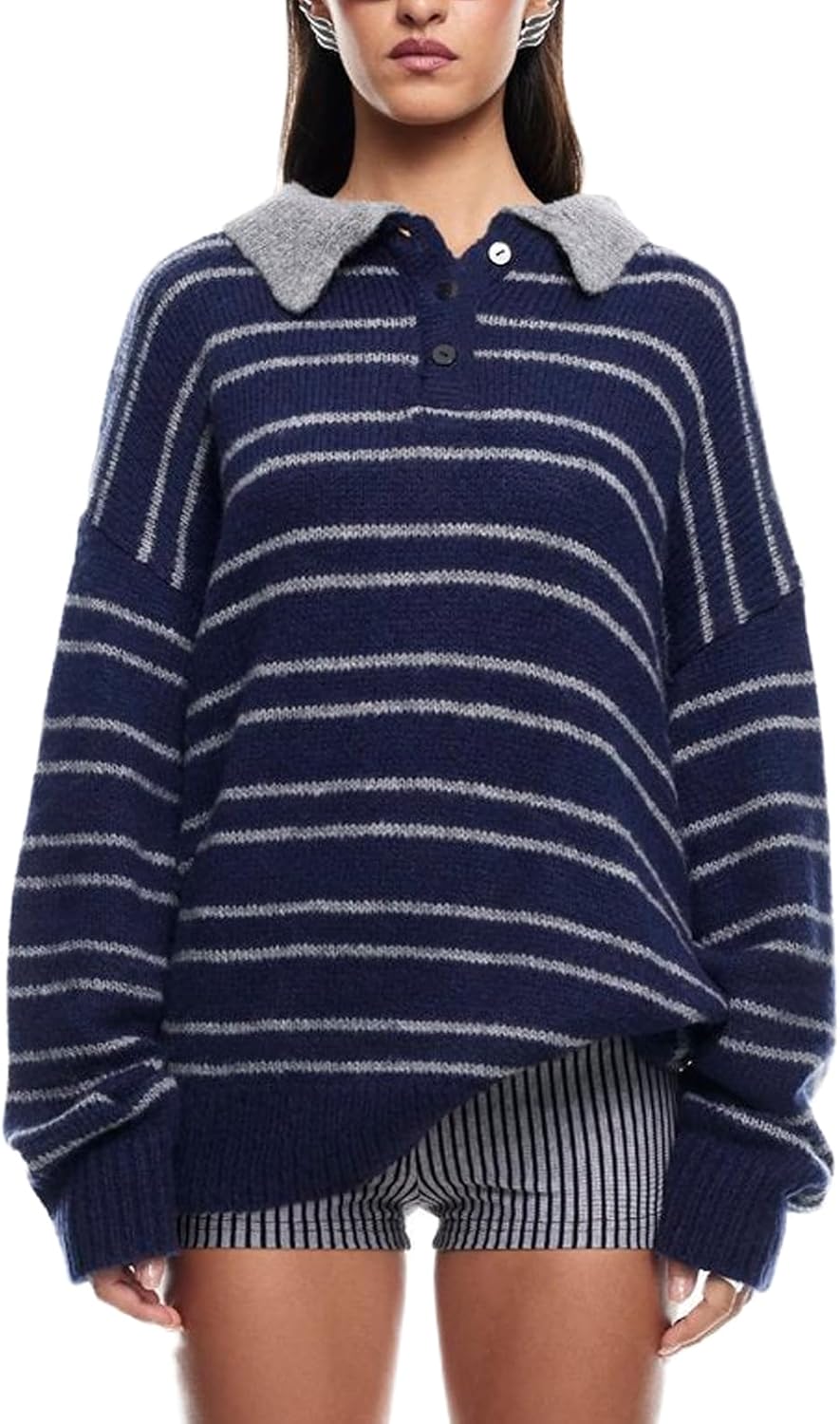 Women Polo Collar Striped Long Sleeve Sweater Y2k Long Sleeve Vintage Stripped Knit Oversized Sweatshirt Shirts