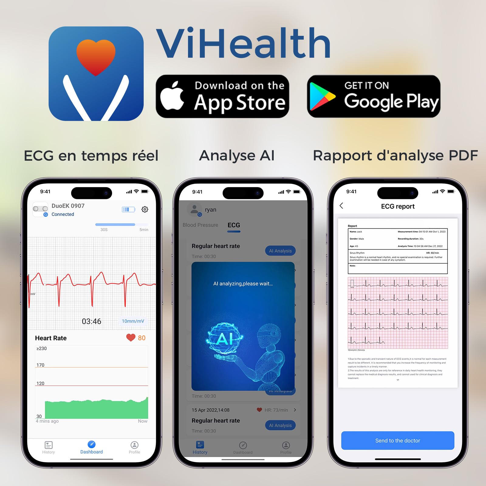 CheckMe ER1-LW Moniteur ECG Portable 72 Heures avec Analyse ECG AI, Fonction Marqueur D'événement ECG, App & PC-software, Compatible avec Les Électrodes à pression de 4 mm