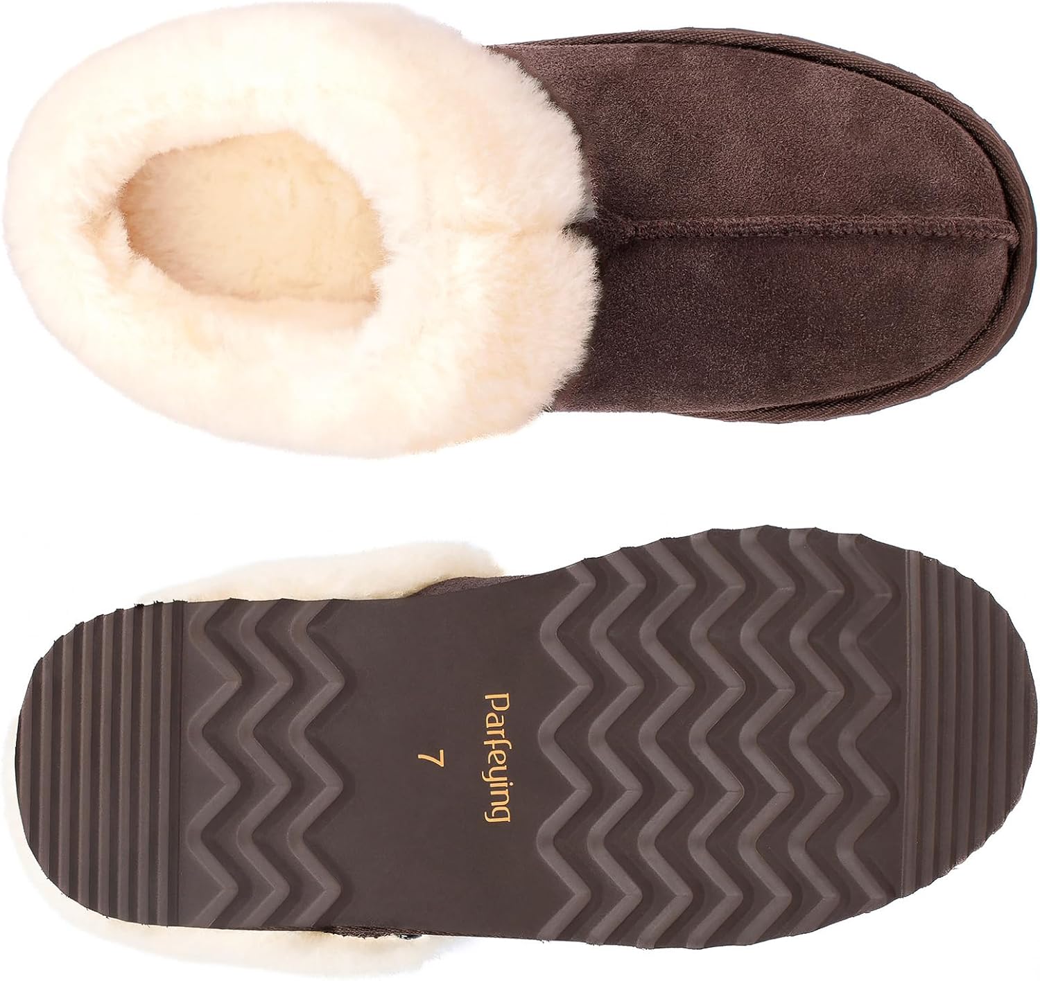 Parfeying Women‘s Real Wool Slippers in Genuine Leather with Anti-Slip Rubber Sole, Warm Indoor Outdoor Shoes with Memory Foam - Cozy Slip-On for Women in Soft Wool