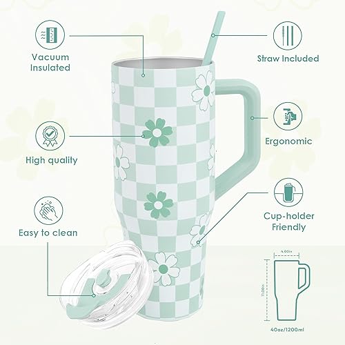 Miniatura 2 de Tamarac Vaso de 40 onzas con asa y tapa con popote, botella de agua reutilizable de acero inoxidable con aislamiento al vacío de doble pared, taza