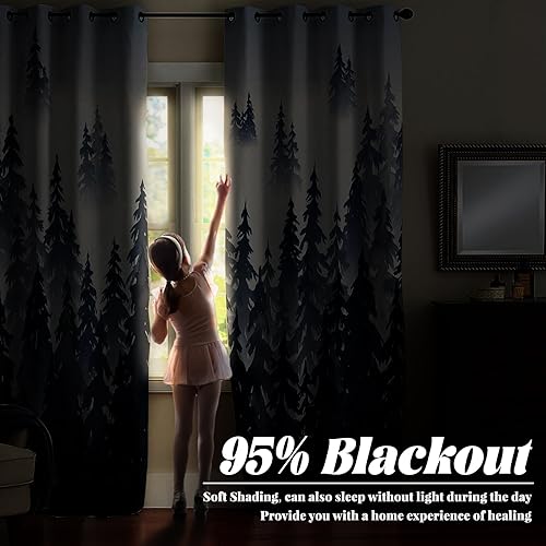 Miniatura 10 de Renaiss Cortinas opacas con diseño de montañas de bosque brumoso, paneles de cortina de ventana para dormitorio, cubierta de niebla, bosque de