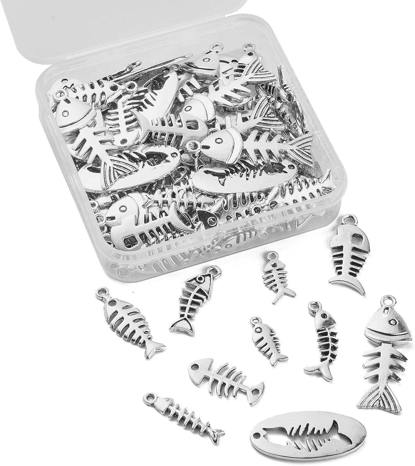 LiQunSweet 100 Pcs 10 Styles Ocean Marine Life Fish Bone Fishbone Charms for Earring Necklace Bracelet Keychain Jewelry Craft Making