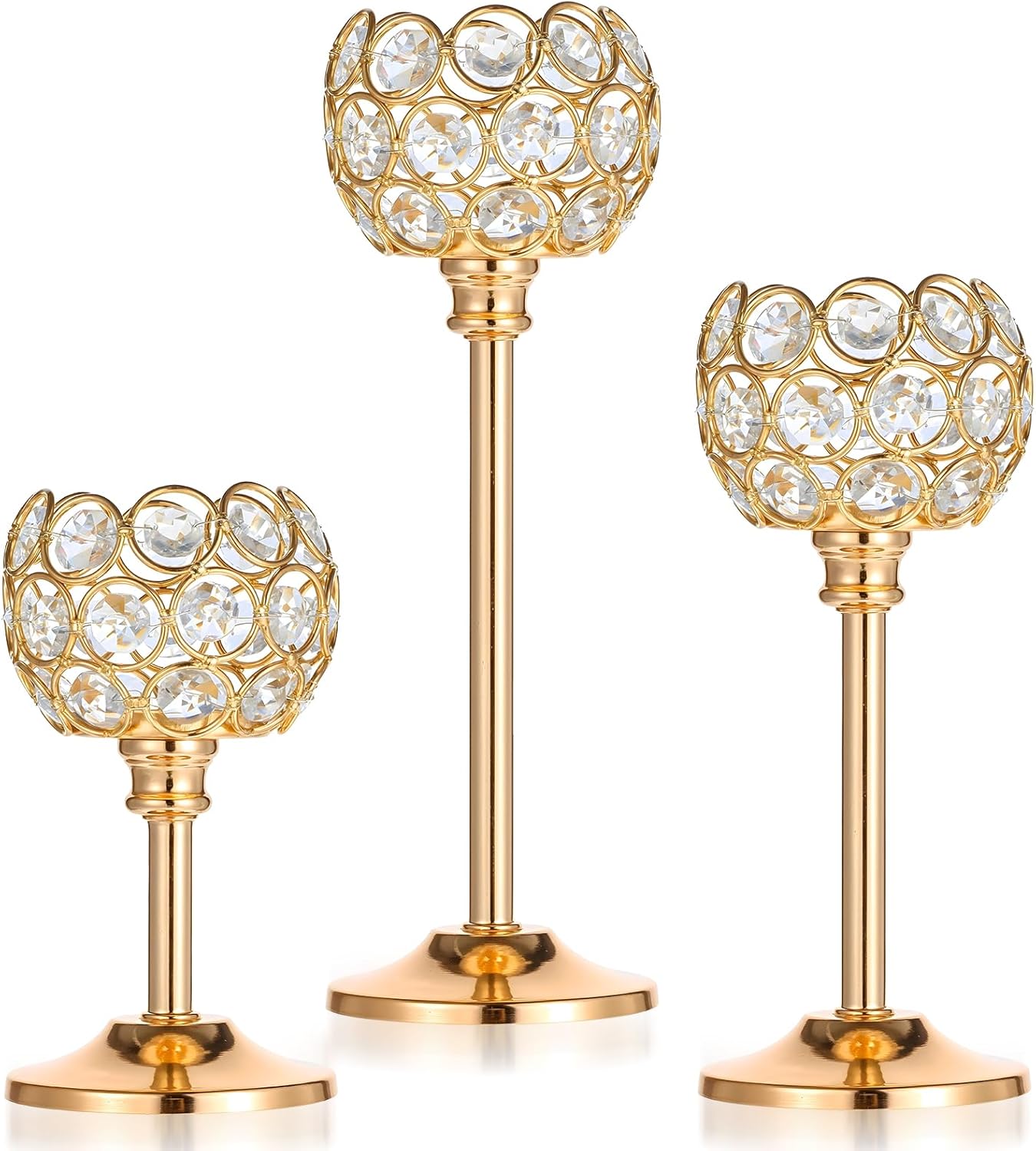 3 Pieces Crystal Candle Holder, Gold Bling Bowl Candle Stick Holder, Elegant Cry…