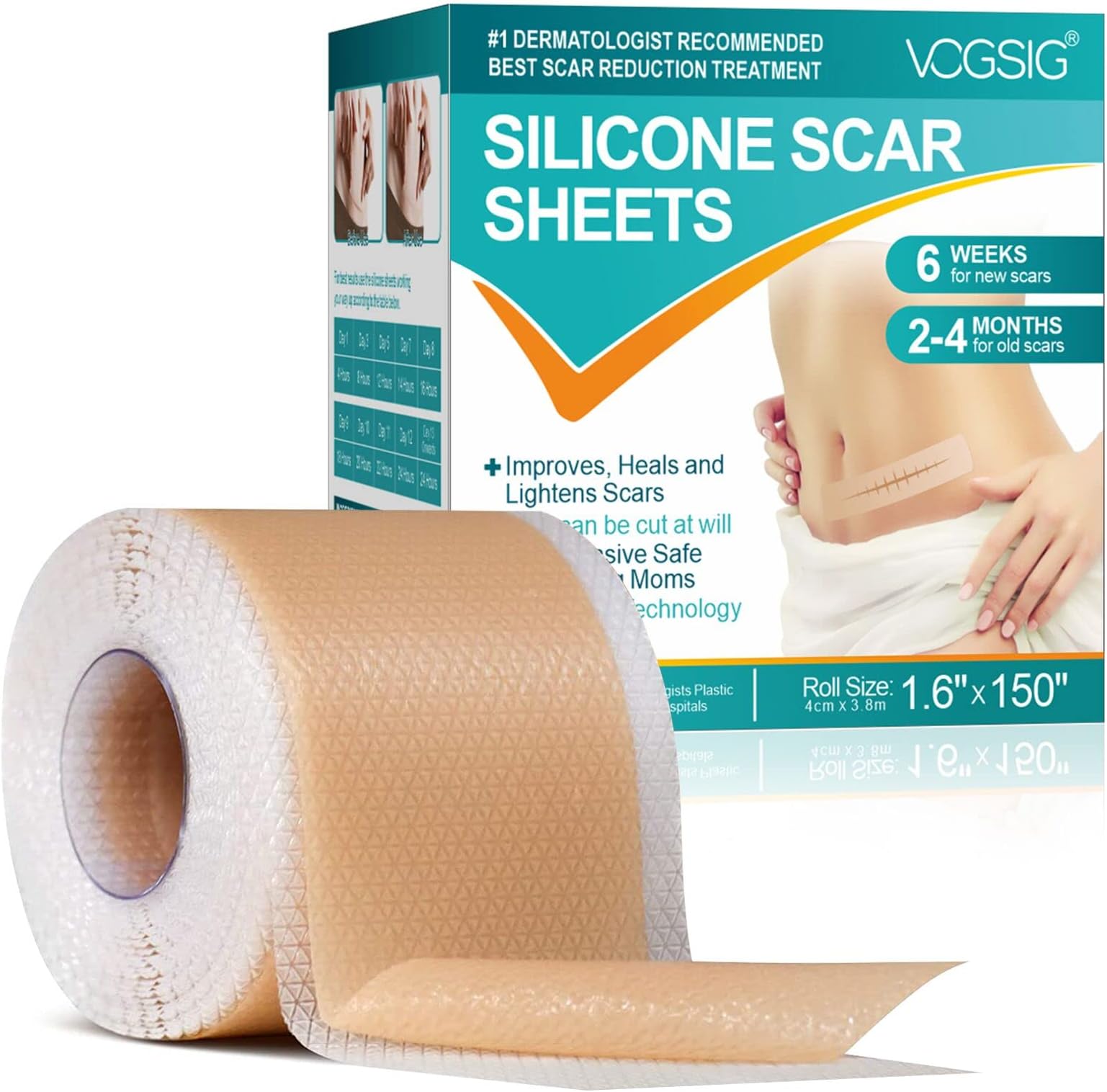 Scar Away Silicone Scar Sheets (1.6” x 150”-3.8M), Silicone Scar Sheets, Silicone Scar Tape, Removal Scar Patches, Medical Grade Scar Silicone Strips for C-Section, Keloids, Tummy Tuck, Surgical