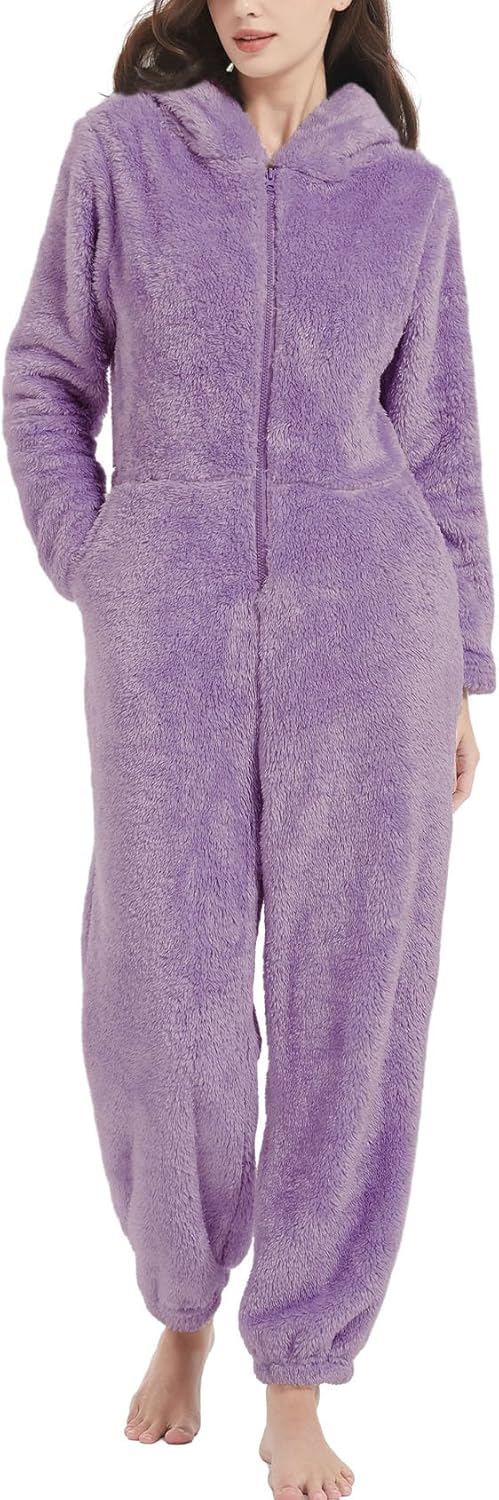 Kissonic Women's Onesies Pajamas Sherpa Fleece One Piece Romper Zipper Cute Hooded Jumpsuit Pajama Loungewear