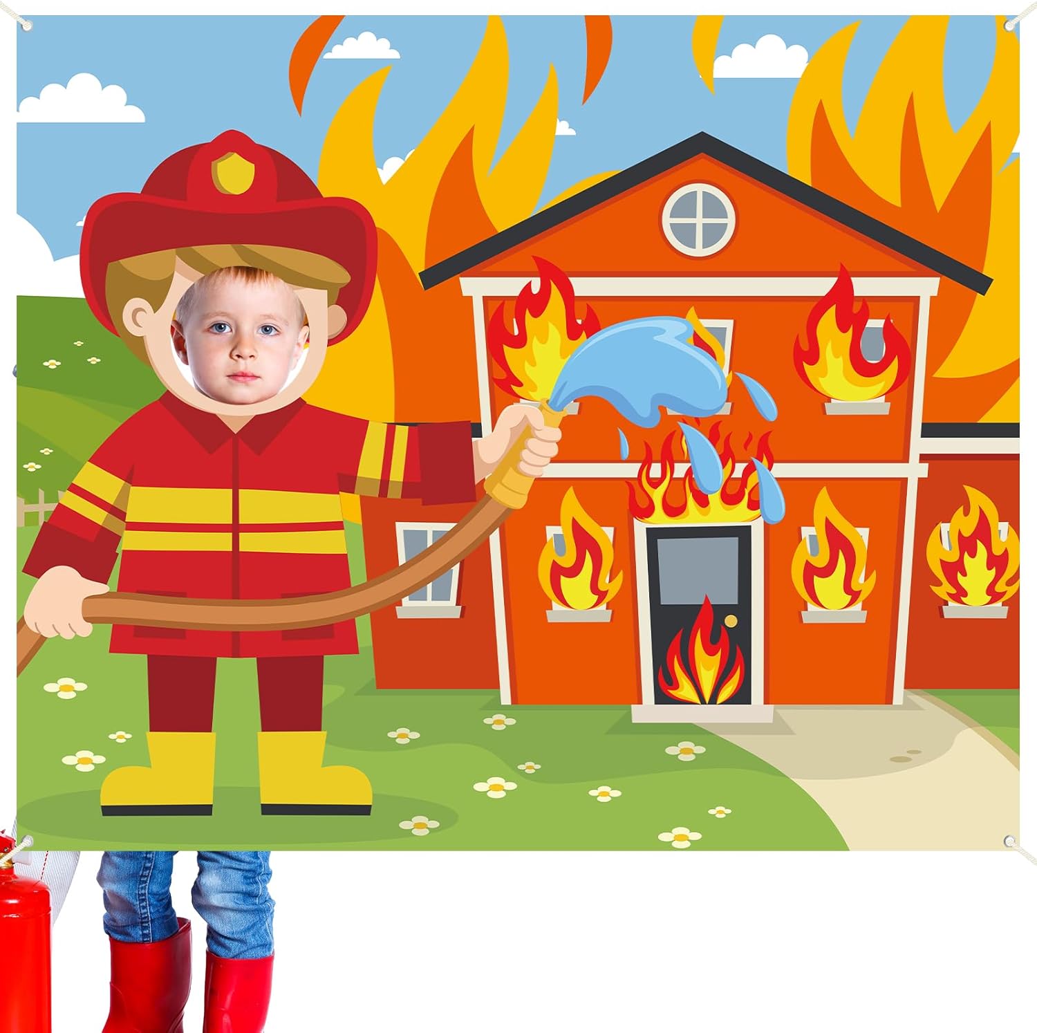 Fire Party Decorations Firefighter Photo Prop Selfie Frame Birthday Decorations Fireman Backdrop Firefighter Firetruck Photo Booth Props Hanging Banner for Kids Baby Shower Birthday Party Supplies