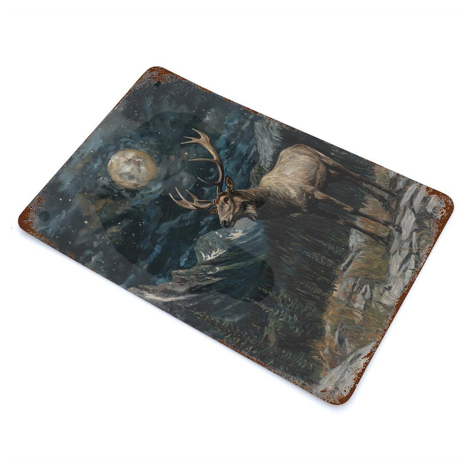 Rusty Metal Tin Sign with Elk Under Moonlight Design 11.8"x7.9", for Farmhouse, Kitchen And Entryway Decor, Rustic Home Decor