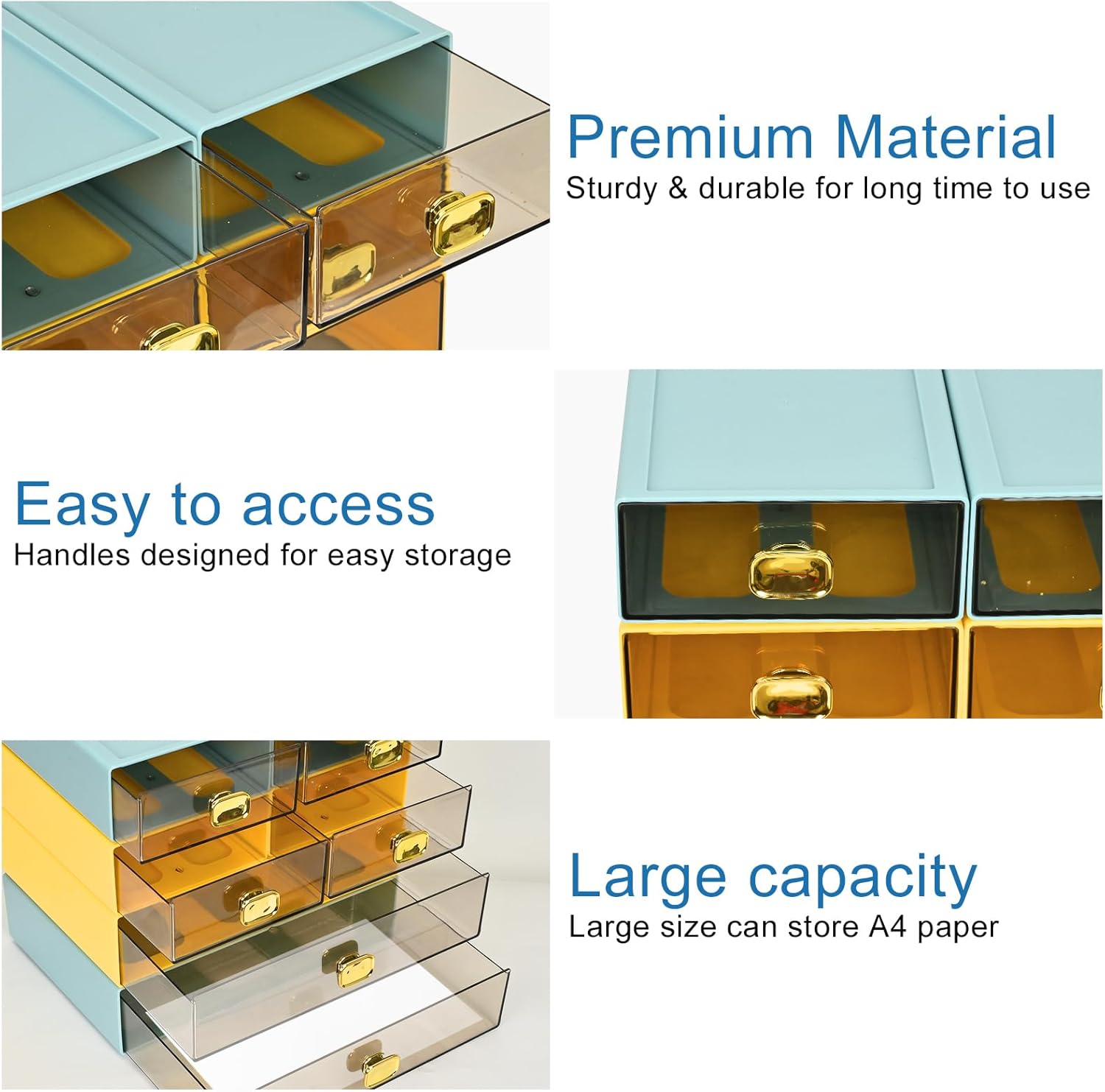 Stackable Office Organizer Drawer-13” Wx9 Lx3.3 H Large Clear Desktop Storage Drawers for Printer Paper-Small Drawers，Stackable Paper Storage Drawers for Office, Home, Bathroom-Yellow