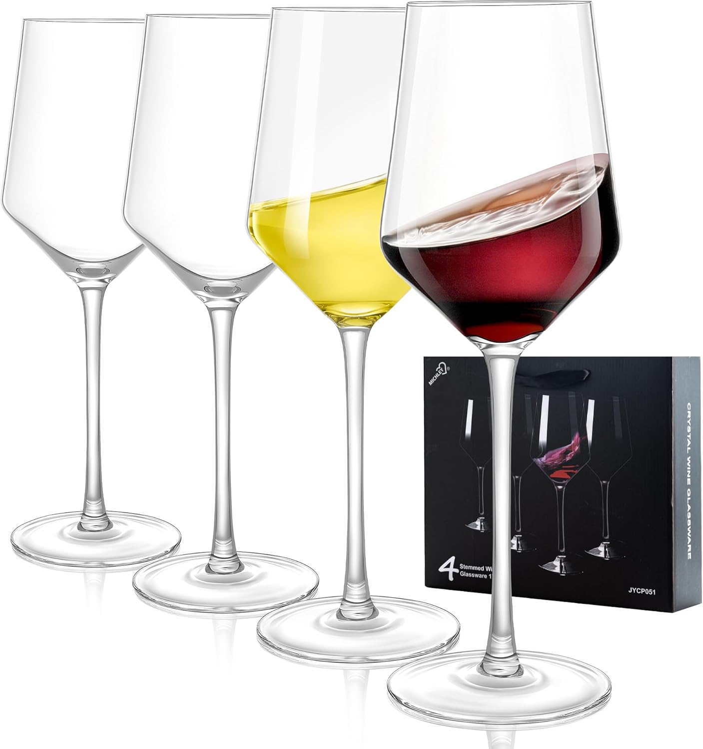 MICHLEY Long Stem Crystal Wine Glasses Set of 4-17.6 oz Lead-Free Crystal Glassware for Red & White Wine,Elegant Drinking Cups for Weddings, Parties, Gifts