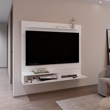 Floating TV Entertainment Center Modern White MDF Wall Mounted Shelf - Superior & 2 Shelves for Living Room Storage & Display