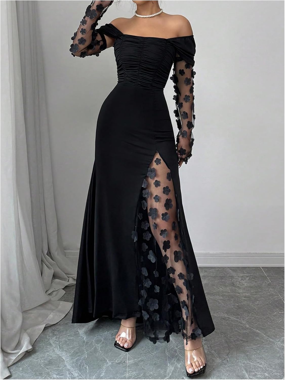 GORGLITTER Women's Off The Shoulder Mesh Maxi Dress Classy Fall Long Sleeve Ruched Cocktail Birthday Dinner Dresses - Image 3