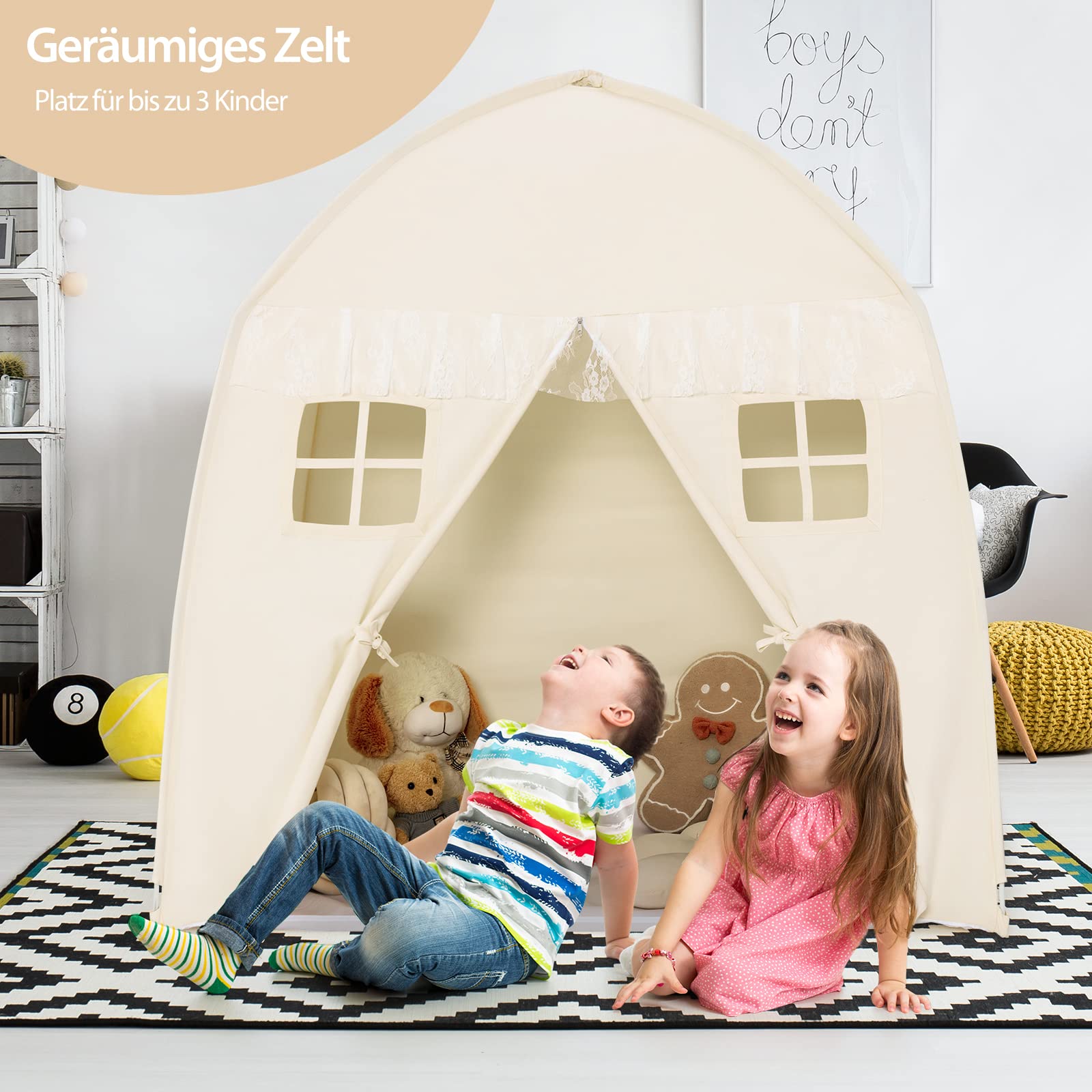 COSTWAY 143 x 100 x 155 cm Spielhaus für 2-3 Kinder, Prinzessin Prinzess Kinderzelt, Kinderspielzelt mit Fenstern und doppeltem Vorhang, Spielzelt In- & Outdoor (Beige)