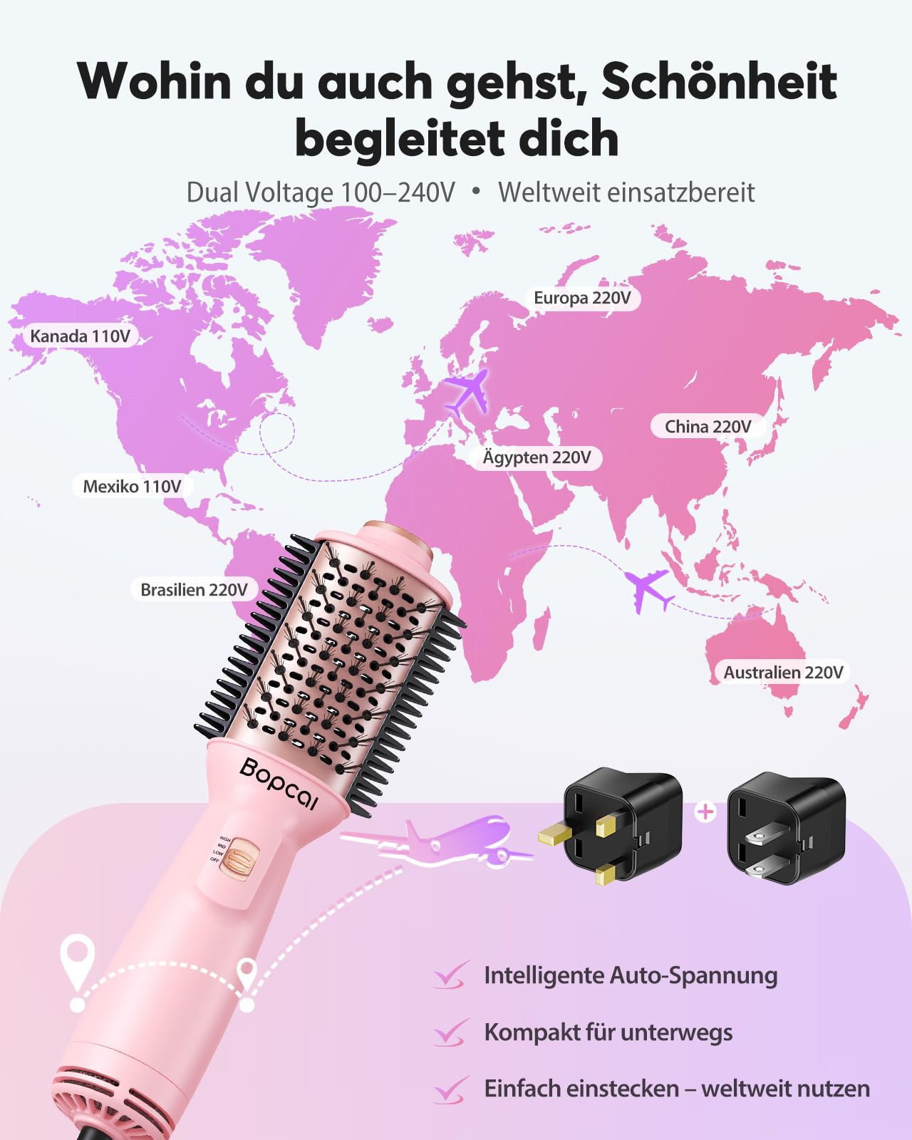 Bopcal Mini Warmluftbürste 4-in-1 Ionen Föhnbürste Heißluftbürste für Volumen & Glatte Haare, Anti-Frizz Rundbürstenföhn, Tragbar mit Dualspannung für Reisen, 3 Temperaturstufen, SM-6129 101