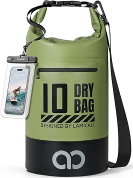 Lamicall Waterproof Dry Bag with Phone Pouch - 5L/10L/20L/30L/40L Floating Roll Top Backpack for Kayaking Boating Beach Camping Fishing - Heavy Duty 500D PVC Marine Dry Sack for Men, Women, Green 10L