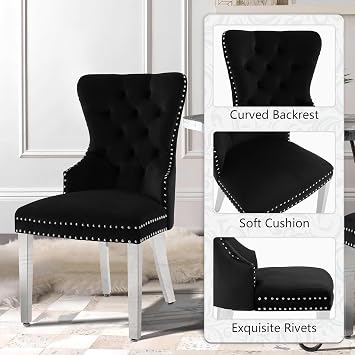 Velvet Dining Chairs Set of 2, Upholstered Tufted Dining Room Chairs with Stainless Steel Legs & Round Ring Pull, Modern Kitchen Side Chairs for Dining Room, Living Room, Kitchen, Black